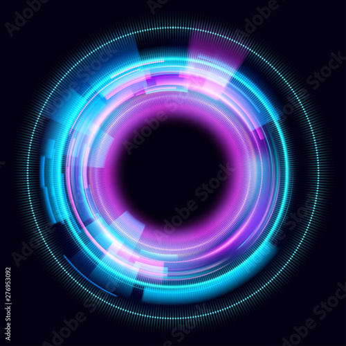 Abstract glowing circles on black background. Magic circle light effects. Illustration isolated on dark background. Mystical portal. Glow ring. Magic neon ball. Vector.