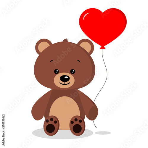 Isolated cute romantic brown bear with red balloon in sitting pose on white background in cartoon flat style.