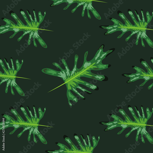 turquoise and green tropical leaves. Seamless graphic design with amazing palms. Realistic palm leaves.