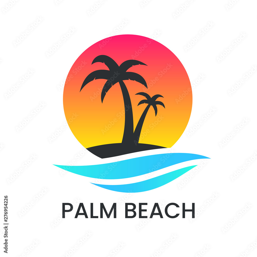 Beach sunset logo on white backdrop. Palm tree silhouette and blue wave. Vacation logotype. Travel agency template. Ocean coast and water. Summer emblem. Vector illustration