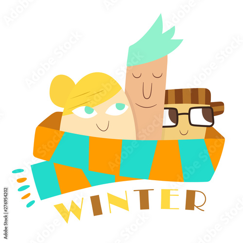 three people in a cyan and orange winter scarf