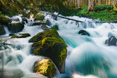 A stormy mountain river flows among huge stones in the forest slopes of the Caucasus Mountains.