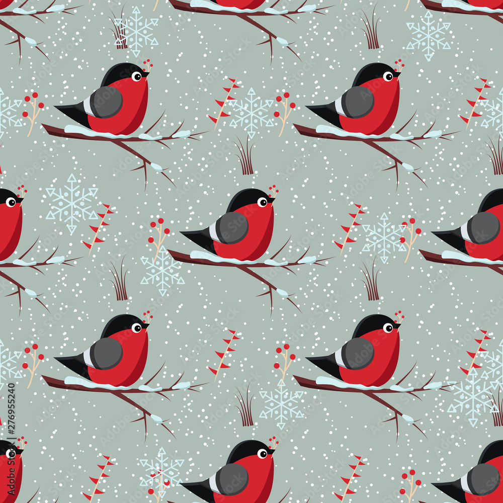 Vector seamless winter pattern with bird bullfinch sit on branch of rowan-tree with bunch of red rowanberry.