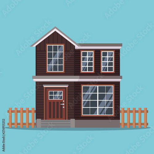 Isolated two-storey country house with a fence in cartoon flat style.