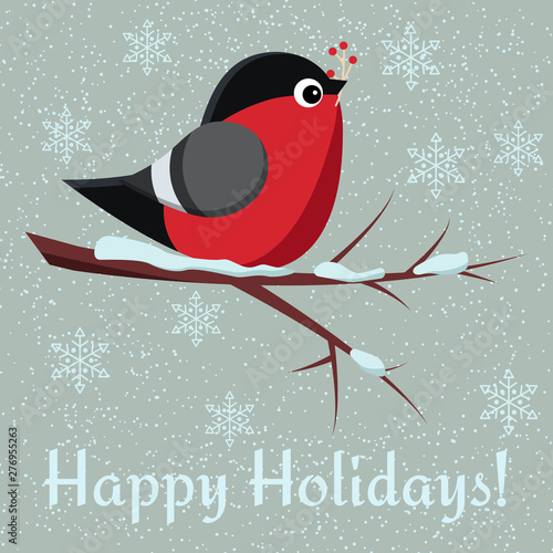 Greeting card with cute bird bullfinch sit on branch of rowan-tree with bunch of red rowanberry