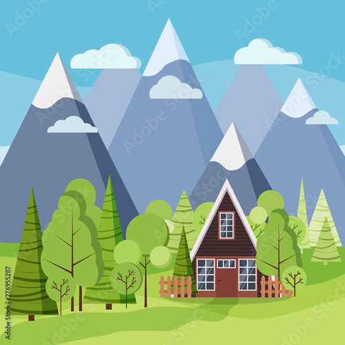 Fototapeta Naklejka Na Ścianę i Meble -  Spring or summer landscape with country a-frame house, vector background illustration.