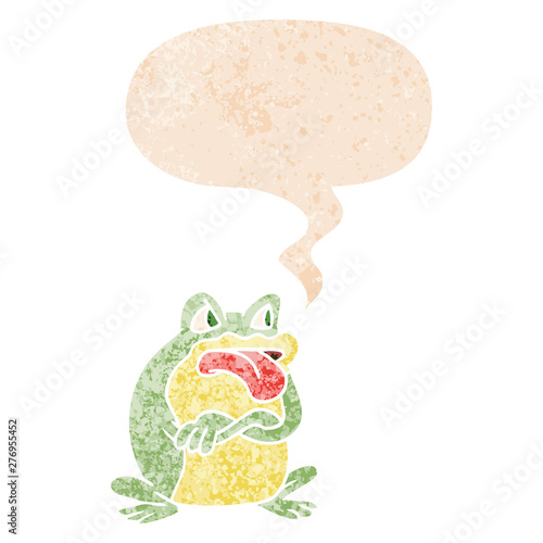 grumpy cartoon frog and speech bubble in retro textured style
