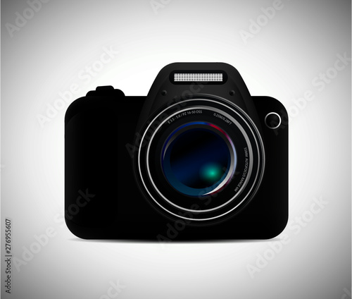 Realistic camera lens with reflections. Vector 3d professional photo video equipment macro device. Optical digital focus, zoom symbol, shutter photography technology object. Illustration isolated