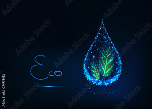 Futuristic glowing transparent low polygonal water drop with green leaves and text eco.
