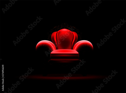 Vector illustration of an ancient red royal throne isolated on dark background in realistic style.