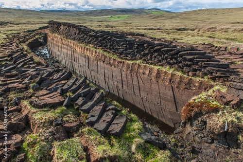 Cut peat on a peat bog, Yell, Shetland Islands, Scotland, United Kingdom, Europe