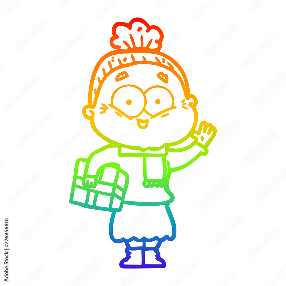 rainbow gradient line drawing cartoon happy old woman