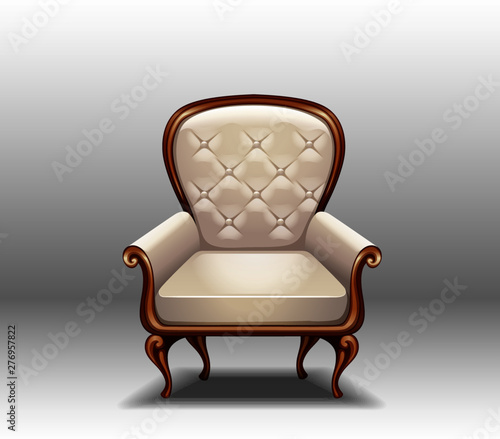 Vector illustration of an ancient white royal throne isolated on white background in realistic style. Gilded antiquarian armchair, exclusive old carved furniture with velvet seat.