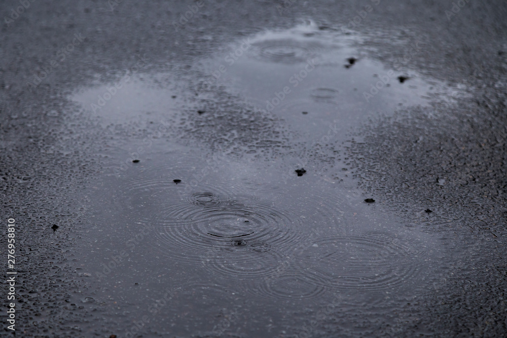 Ripples in puddles on the asphalt on a gray and rainy day. Tilted angle, focused on the foreground. Ripples in puddles on the asphalt on a gray and rainy day. Tilted angle, focused on the foreground.
