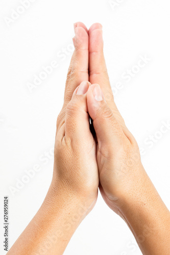 Close-up of a woman's hand and finger on white background © engin