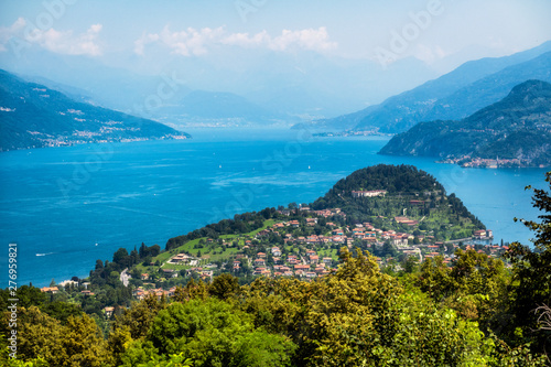 Como lake and Bellagio from above, view from Madonna del Ghisallo, Lecco, Italy.