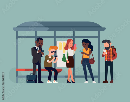 People waiting their bus at bus stop checking phones