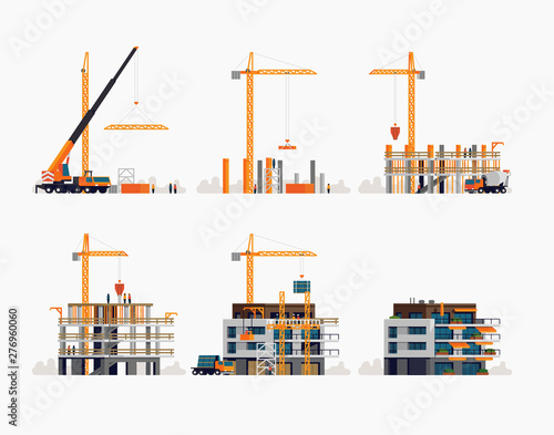 Modern residential building construction process and stages. Set of vector flat design illustration on housing unit construction site