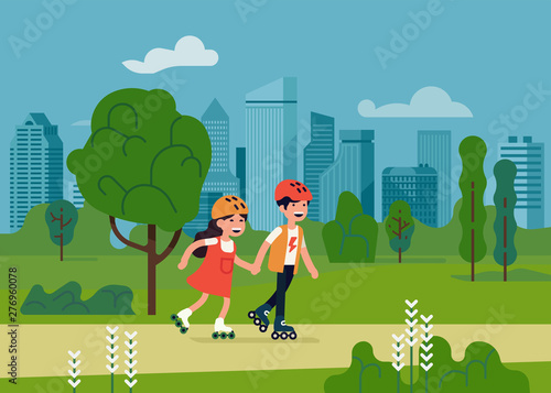 Kids riding roller skates in a park