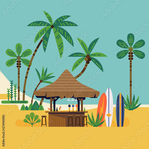 Beach bar surrounded with palm trees