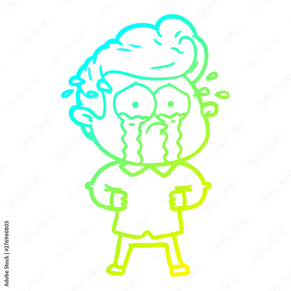 cold gradient line drawing cartoon crying man with hands on hips