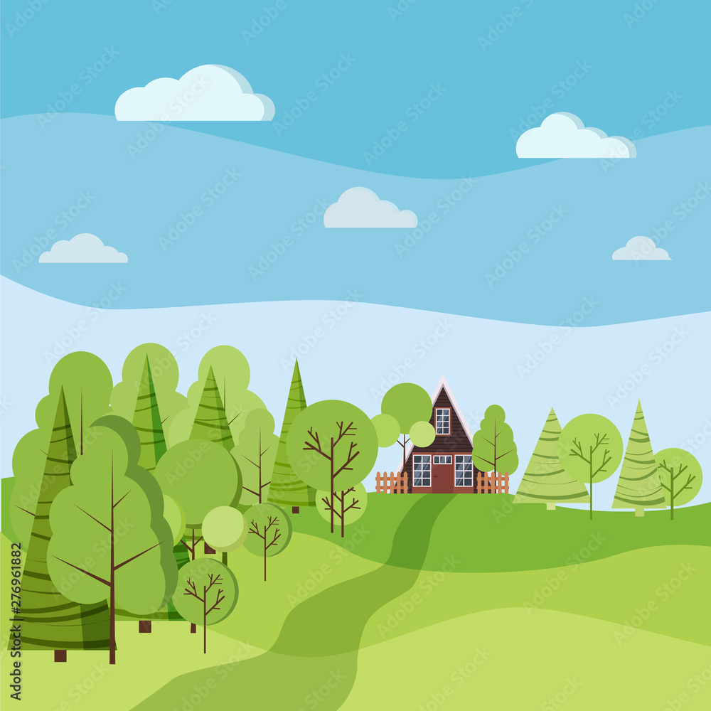 Summer or spring landscape scene with a-frame house with fences, green trees, spruces, clouds, road.
