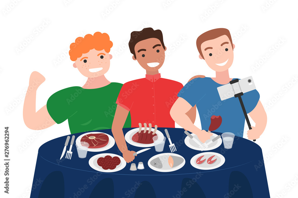 Vector Illustration of Group of Men are Making Selfie in Restaurant. Healthy Nutrition Concept of Carnivore Diet in Flat Style. Great for Poster, Banner, Wallpaper. Concept of Meat Lover Vector Illustration of Group of Men are Making Selfie in Restaurant. Healthy Nutrition Concept of Carnivore Diet in Flat Style. Great for Poster, Banner, Wallpaper. Concept of Meat Lover