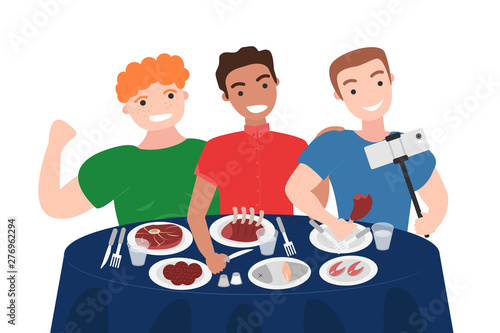 Vector Illustration of Group of Men are Making Selfie in Restaurant. Healthy Nutrition Concept of Carnivore Diet in Flat Style. Great for Poster, Banner, Wallpaper. Concept of Meat Lover 