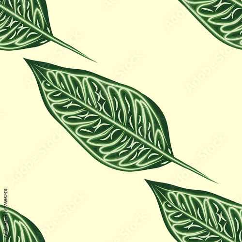 Seamless pattern with leaves of ficus benjamin on green background