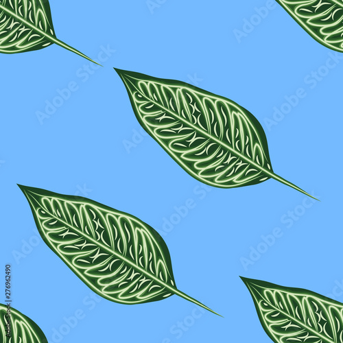 Seamless pattern with leaves of ficus benjamin on green background