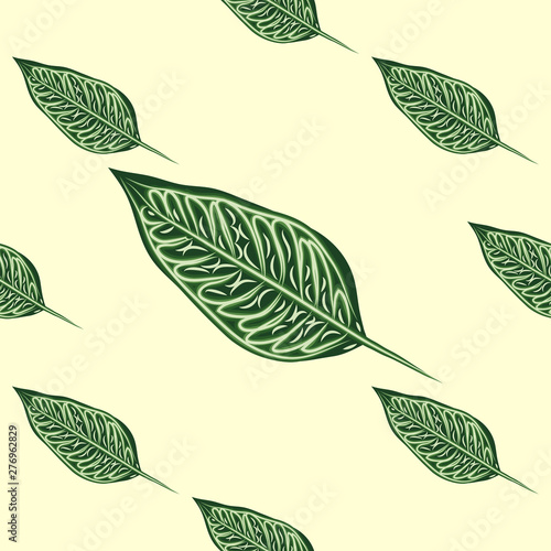 Seamless pattern with leaves of ficus benjamin on green background