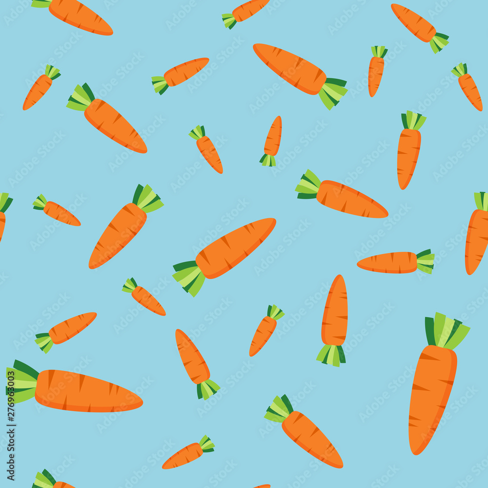 Vector seamless pattern with carrots in cartoon flat style on blue background. Vector seamless pattern with carrots in cartoon flat style on blue background.