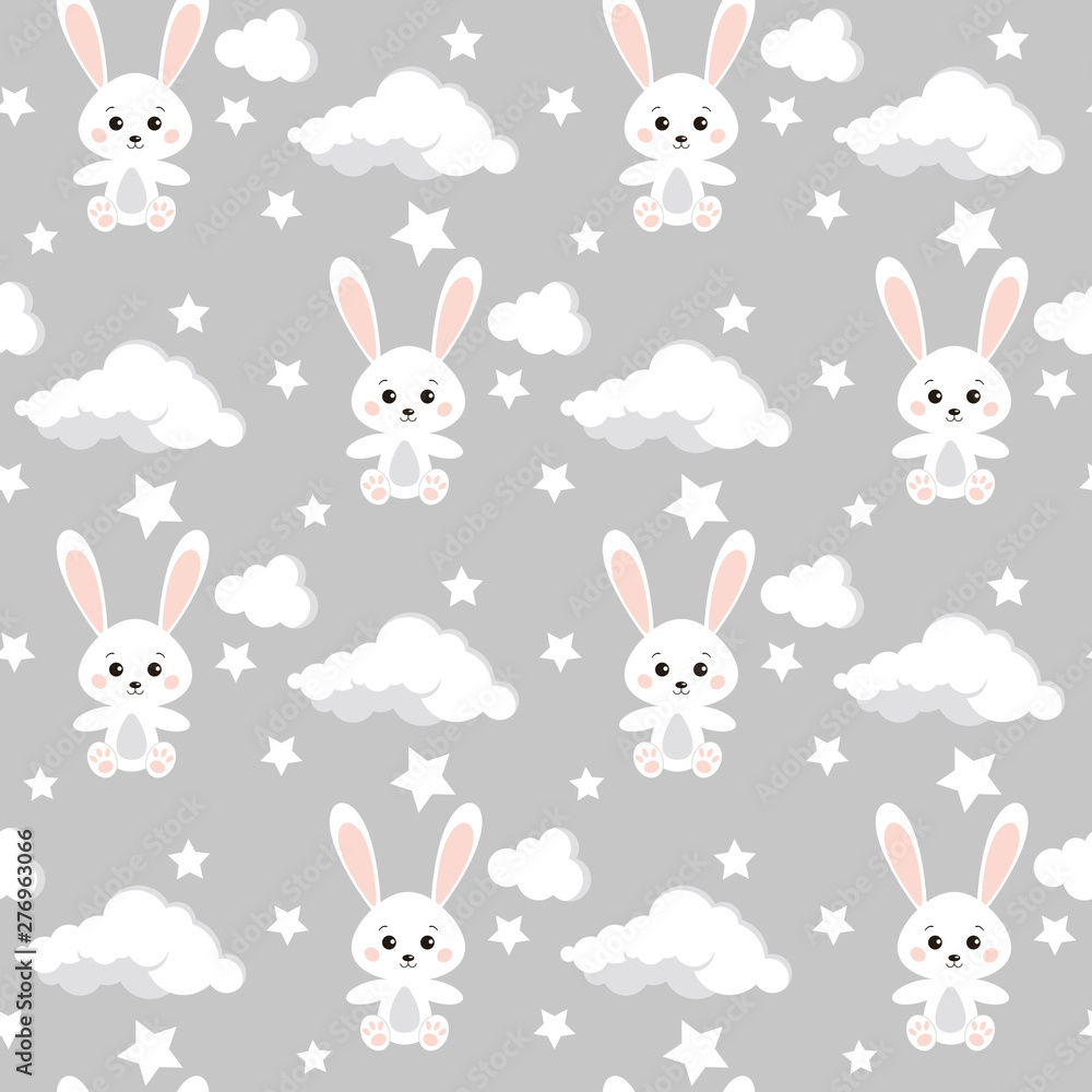 Vector seamless pattern with cute rabbits, clouds, stars on neutral grey color background. Vector seamless pattern with cute rabbits, clouds, stars on neutral grey color background.