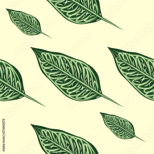 Seamless pattern with leaves of ficus benjamin on green background