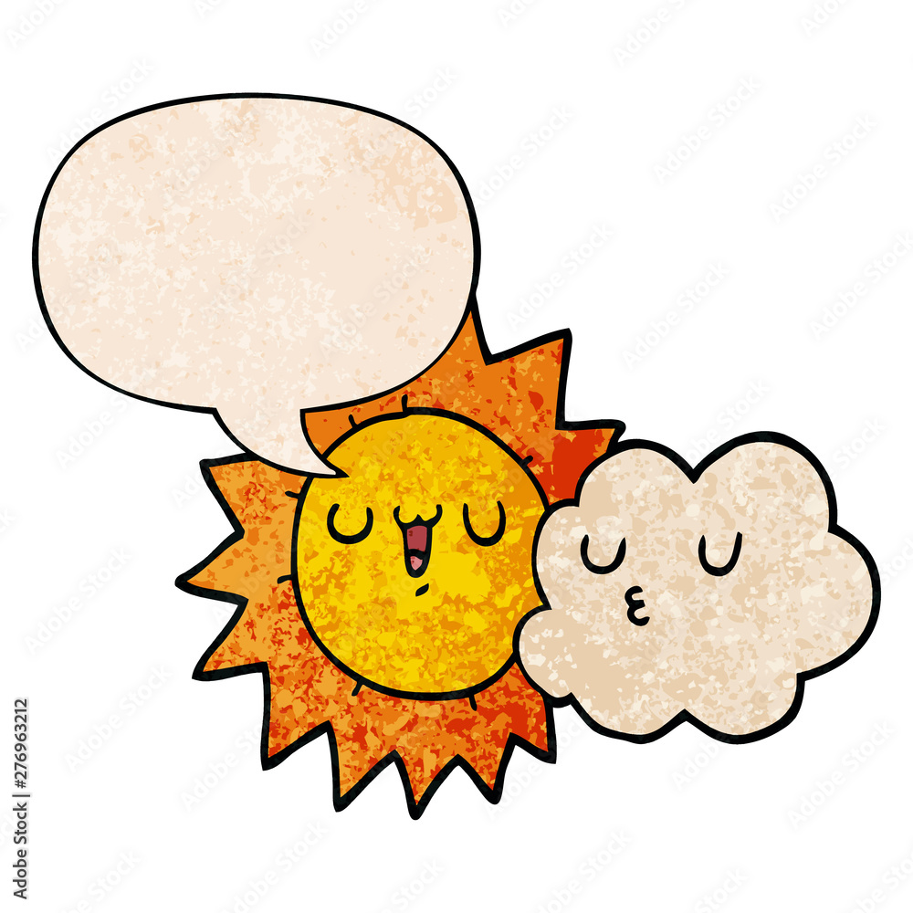cartoon sun and cloud and speech bubble in retro texture style cartoon sun and cloud and speech bubble in retro texture style