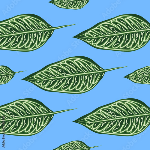 Seamless pattern with leaves of ficus benjamin on green background