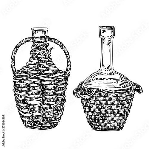 Set of two braided bottles. Sketch. Engraving style. Vector illustration.