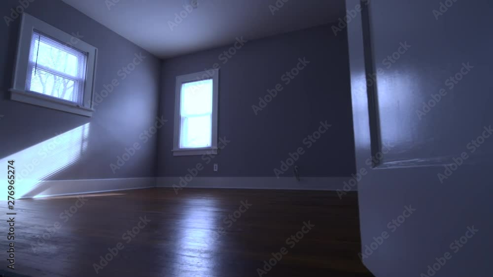 Empty Bedroom Door Opens Move Forward Change in Mood. view moves forward from a closed door that opens to reveal an empty bedroom through the doorway then the mood changes from bright to dark Empty Bedroom Door Opens Move Forward Change in Mood. view moves forward from a closed door that opens to reveal an empty bedroom through the doorway then the mood changes from bright to dark
