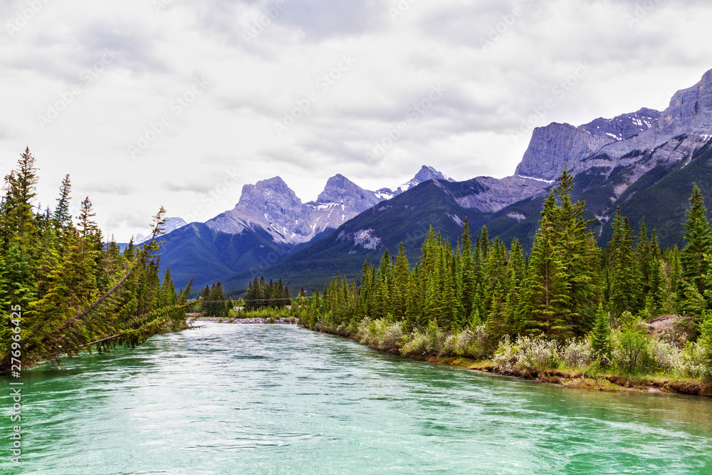 Bow River in the Town of Canmore on the Banff Range of the Canadian Rockies
