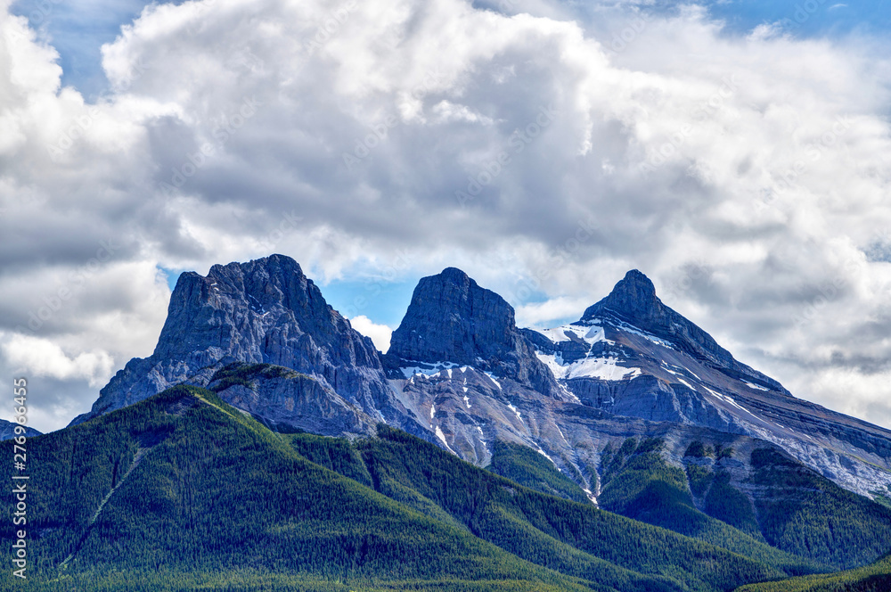 Close Up of Famous Three Sisters Mountain Peaks in Canmore