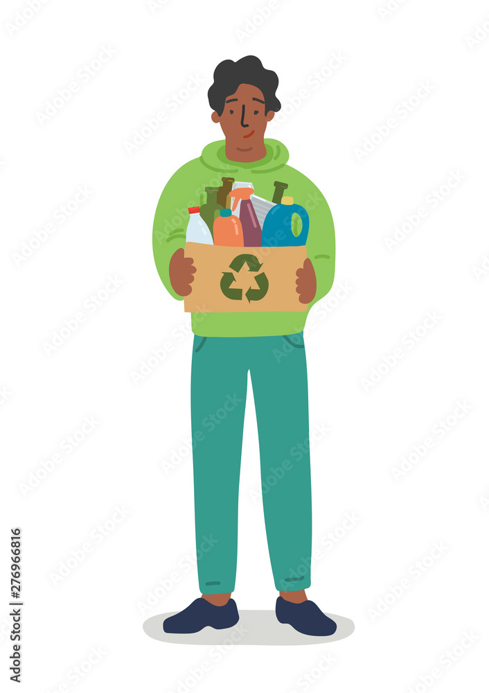 African man holding cardboard box full of different kind waste. African man holding cardboard box full of different kind waste.