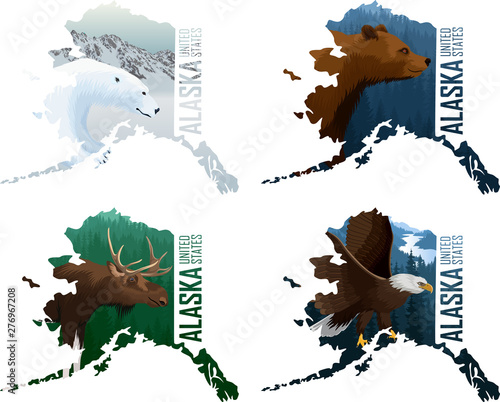 Set of vector Alaska American state maps with grizzly bear,  bald eagle, moose and polar bear
