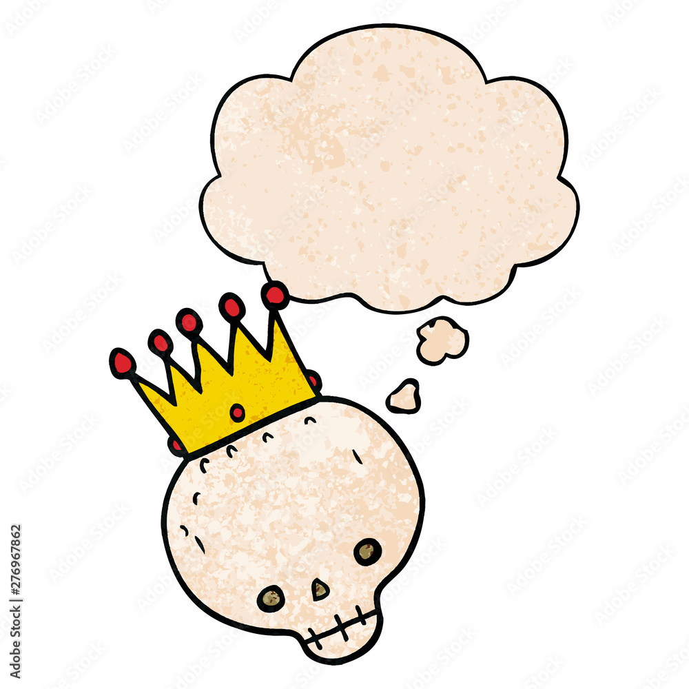 cartoon skull with crown and thought bubble in grunge texture pattern style