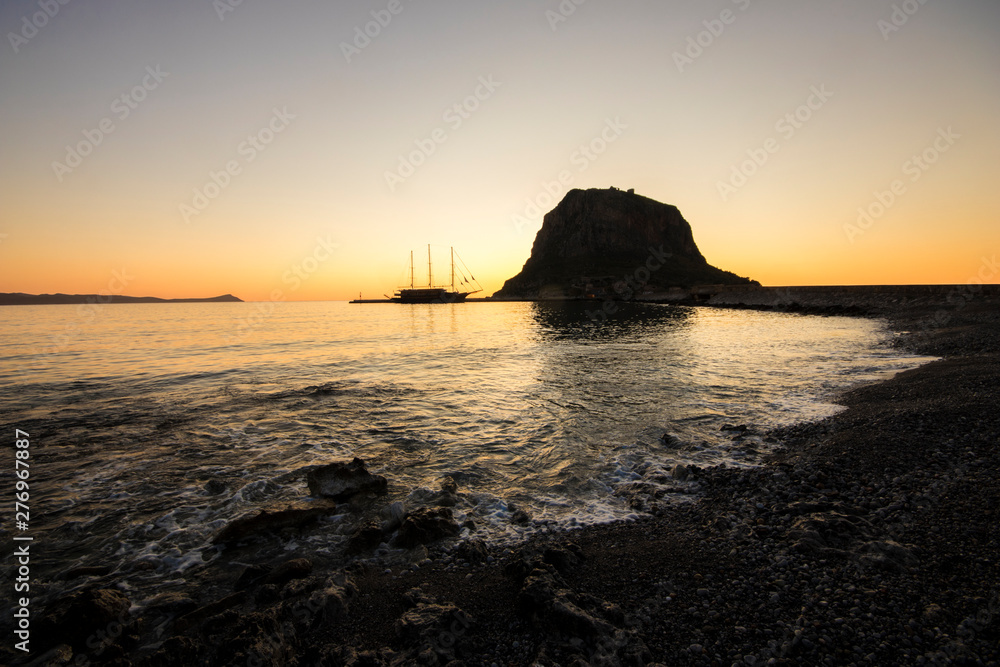 Monemvasia, Greece, a town located on a small island off the east coast of the Peloponnese and linked to the mainland by a short causeway Monemvasia, Greece, a town located on a small island off the east coast of the Peloponnese and linked to the mainland by a short causeway