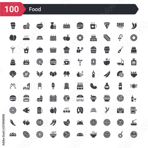 100 food icons set such as luosifen, shuizhu, noodle soup, chinese food, guotie, chow mein, fuqi feipian, popiah, wonton