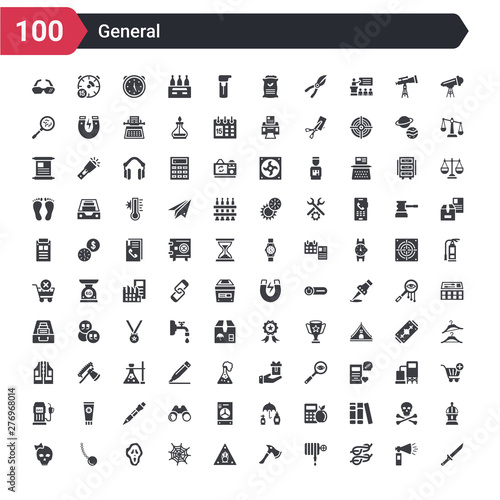 100 general icons set such as strong knife, two knots rope, fire hose, fire axe, oxidant, spiderweb, ghost face, chain ball, female skull