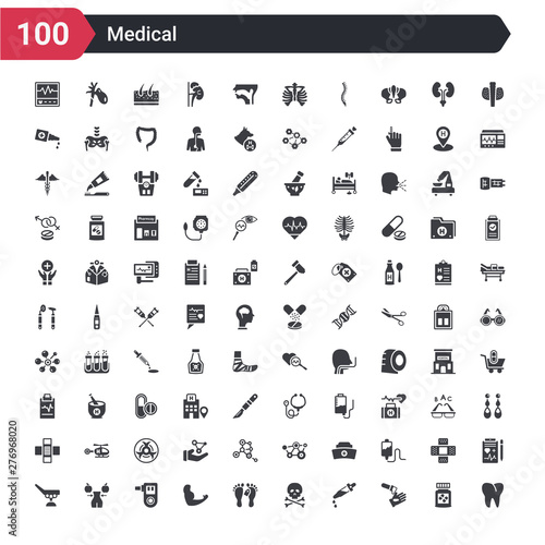 100 medical icons set such as molar tooth, acid falling on hand, eye dropper, skull and bone, dead, strong, breath control, nutrionist, table of treatments