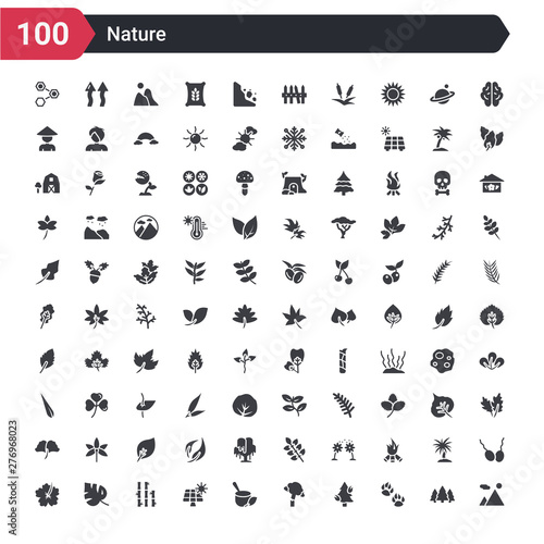 100 nature icons set such as mountain colapse  four toe footprint  pine tree on fire  damaged  treatments  natural energy  bamboo sticks  leaf monstera  hibiscus