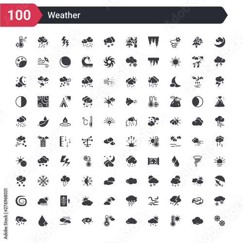 100 weather icons set such as snowflakes, thermometer and sun, sun cloud and rain, round cloud, nice temperature, sky, fogg, drop with shine, night rain