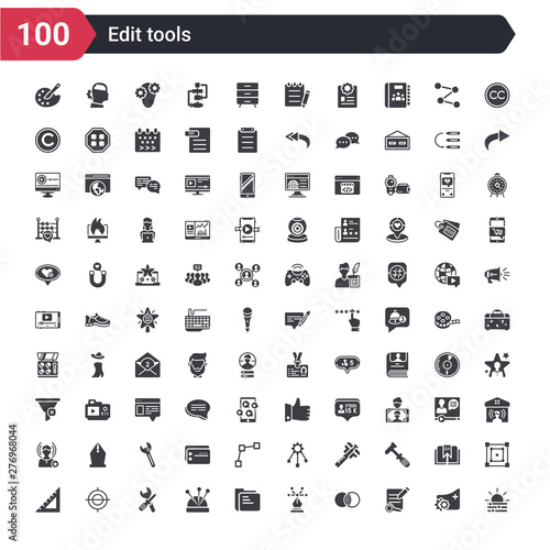 100 edit tools icons set such as lightness, defining, opacity, curvature, file folder, needle case, repair tool, registration mark, school triangle